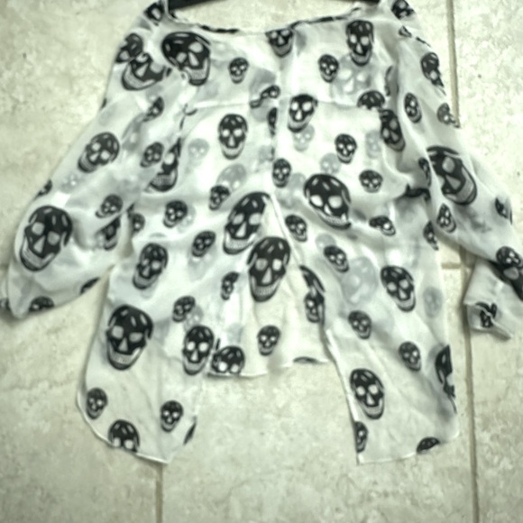 Sheer White with Black Skulls Blouse with Roll-up Sleeves - Picture 10 of 10